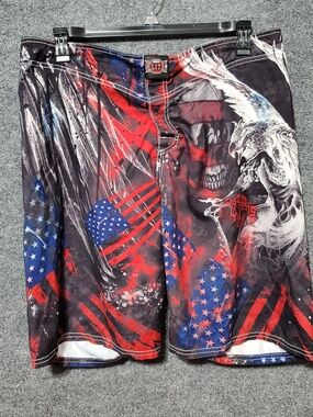 Vintage MMA Elite American Flag Skull Fight Board Shorts Mens L Patriotic USA